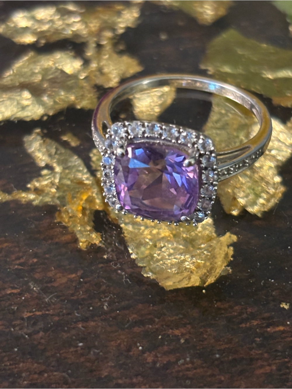 10k White Gold Cushion Amethyst and Diamond Halo Ring